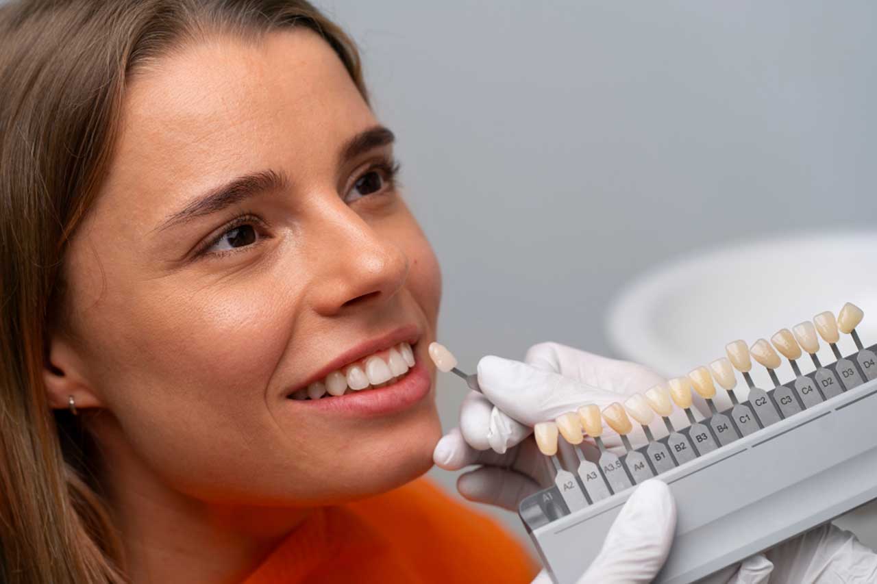 Dentist placing crown on patient